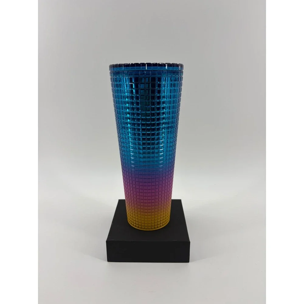 Starbucks Tumbler‎ Cold Cup Unisex 24oz Blue Purple Yellow Grid Ombre No Straw